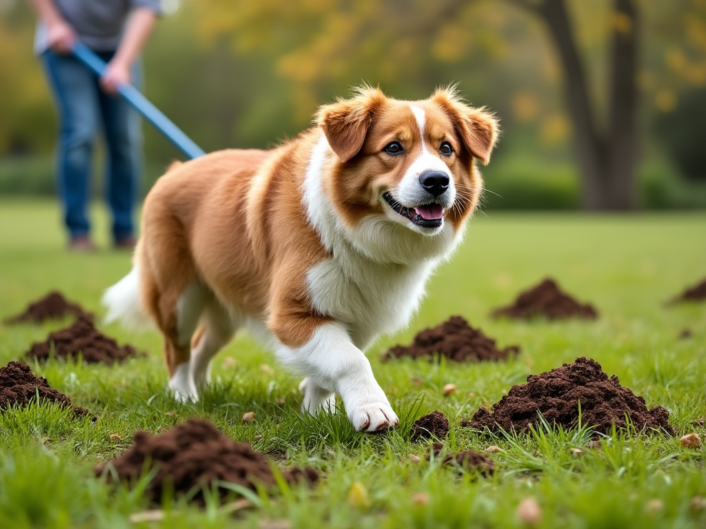 Dog in a freshly cleaned yard