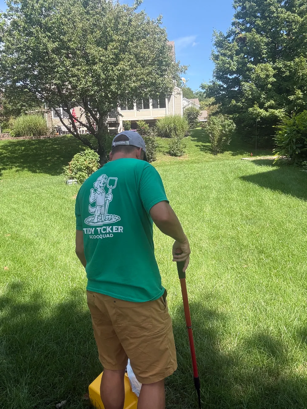 Tidy Tucker team member servicing a grassy backyard